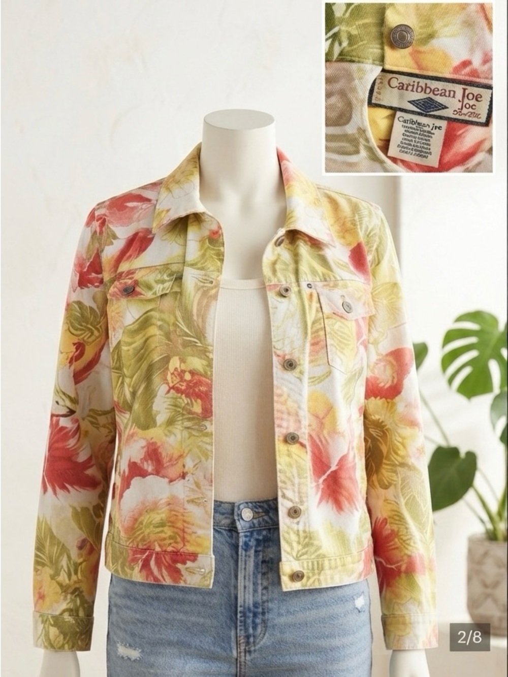 Caribbean Joe Vibrant Botanical Floral Cotton Jacket 1X - Vacation Resort Wear